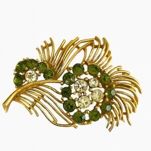 Vintage Lisner Green Crystal Gold-Tone Floral Brooch